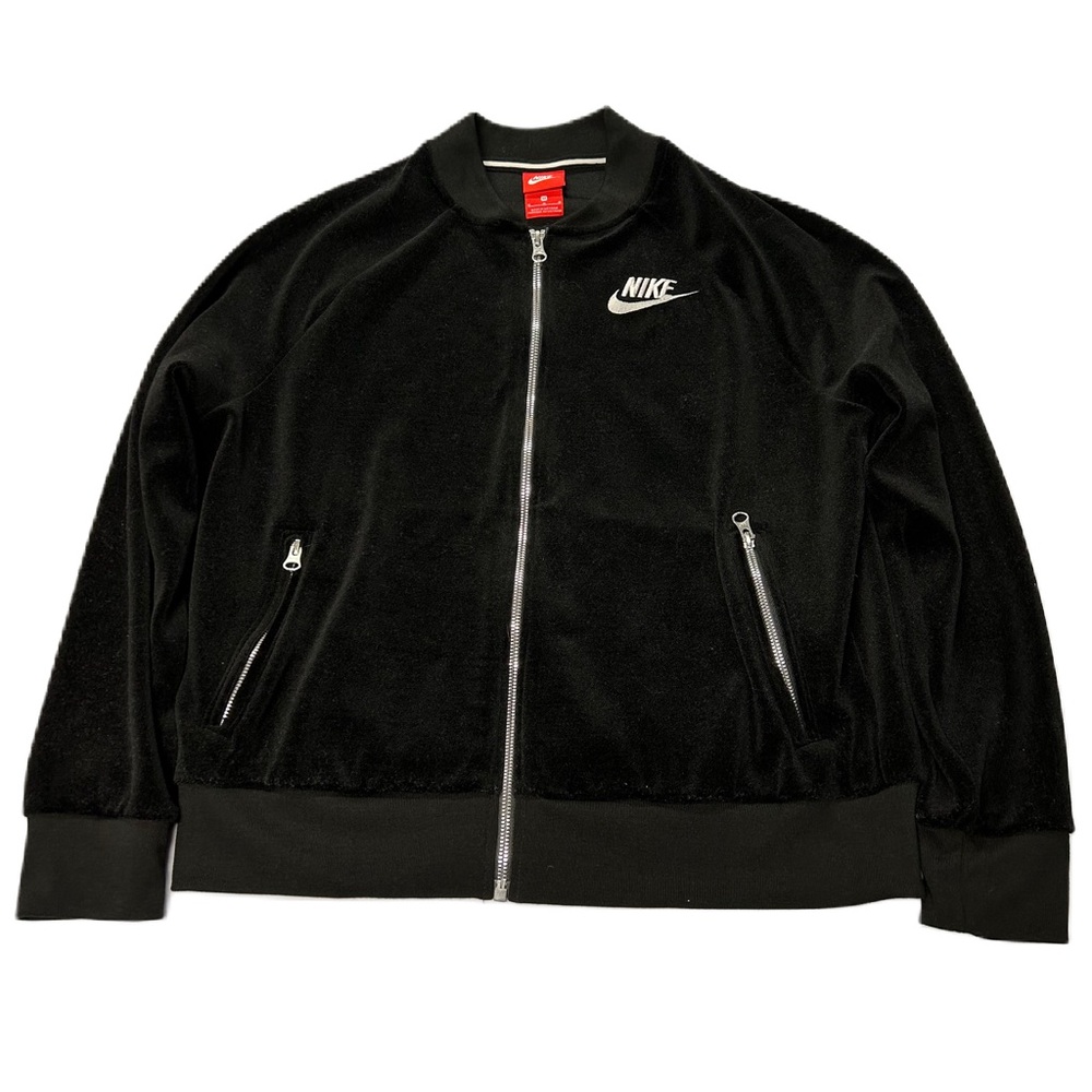 Nike Velour Track Jacket Womens M Full Zip Pockets Embroidered Logo Black Casual